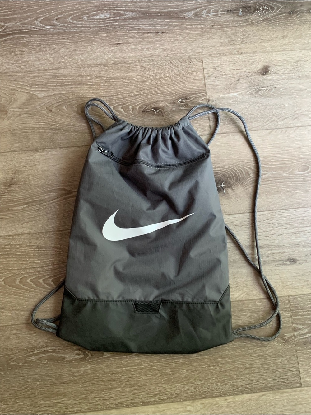 Nike Gray Drawstring Backpack with White Swoosh